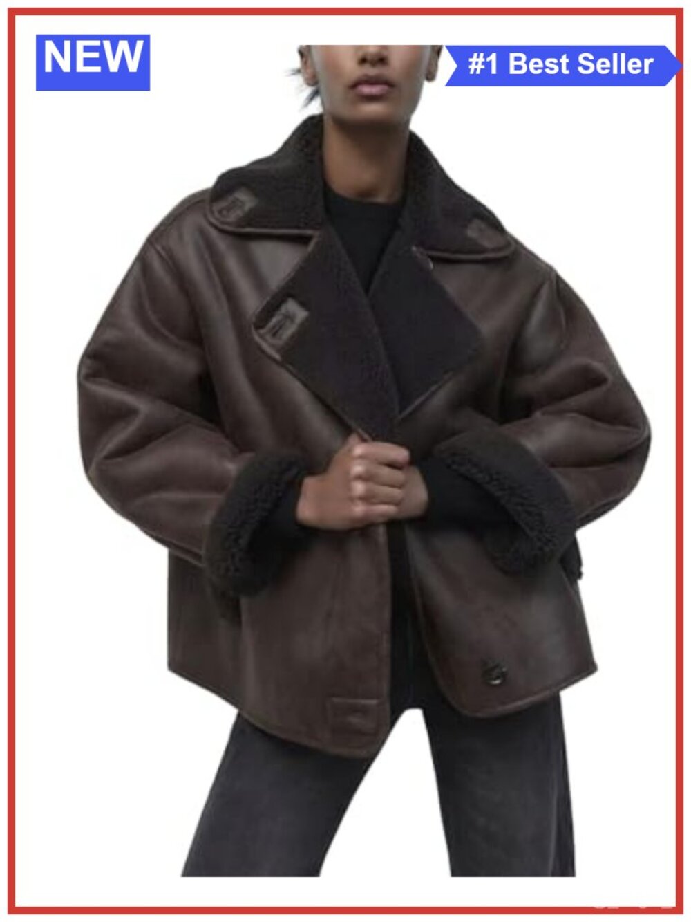 Faux Leather Sherpa Lined Jacket Loose Fit Motorcycle Winter Coat